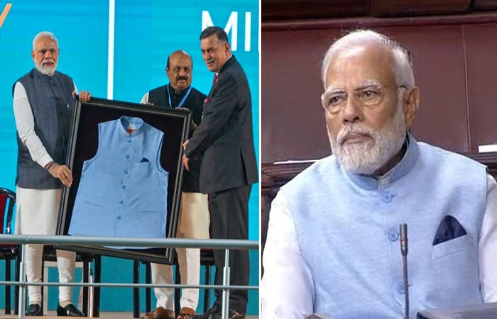 Modi Jacket PM મોદી ખાસ જેકેટ પહેરીને સંસદમાં પહોંચ્યા, રિસાઇકલ પ્લાસ્ટિક બોટલોમાંથી તૈયાર કરાયું છે આ જેકેટ