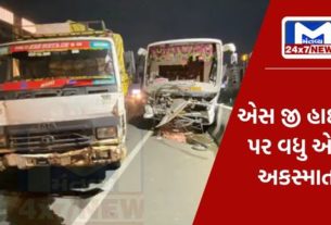 accident on Pakwan bridge sg highway Ahmedabad પકવાન બ્રિજ પર ટ્રકનું ટાયર ફાટતા પાછળથી આવતી ટ્રાવેલ્સ ધડાકાભેર અથડાઇ, જુઓ વીડિયો