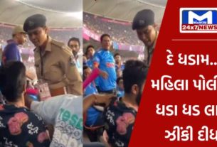team India fan fought with the police in India Pakistan match ભારત-પાકિસ્તાન મેચમાં મહિલા પોલીસ-પ્રેક્ષક વચ્ચે મારમારી, જુઓ વીડિયો