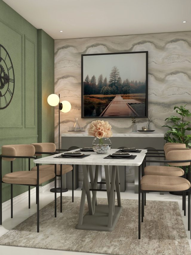 Modern dining room with marble dining table top and beige uphols
