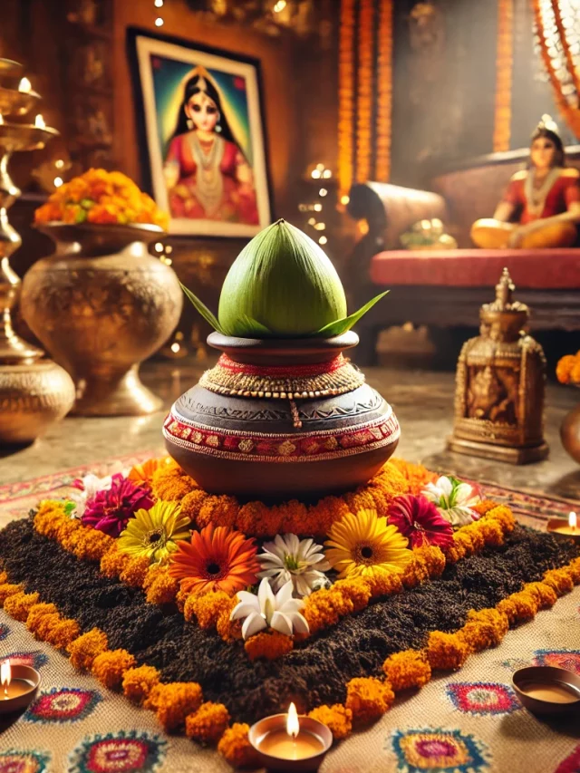 DALL·E-2024-10-01-22.56.36-A-traditional-scene-of-Navratri-Ghat-Sthapana-Kalash-Sthapna-where-a-clay-pot-Kalash-is-placed-on-a-bed-of-clean-soil-and-surrounded-by-colorful-