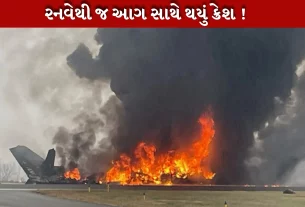પ્લેન આગની જ્વાળાઓ વચ્ચે રનવે(Runway) પર ઉતરવાનો પ્રયાસ કરી રહ્યું છે.