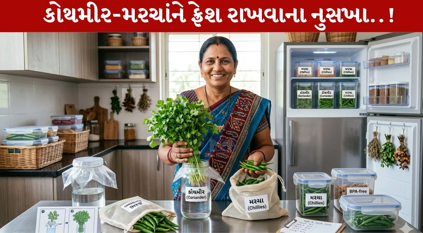 Chili Coriander Storage, તાજી કોથમીર, મરચાના ડીંટા, રેફ્રિજરેટર, ટિપ્સ