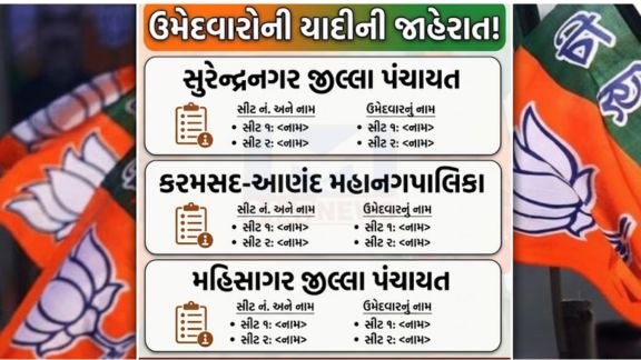 પ્રદેશ અધ્યક્ષ જગદીશ વિશ્વકર્માના અધ્યક્ષસ્થાને પ્રદેશ ચુંટણી સમિતીની બેઠકમાં ચર્ચા થયા બાદ સુરેન્દ્રનગર જીલ્લા પંચાયત સીટ અને ઉમેદવારોની યાદી(List Of Candidates)ની જાહેરાત કરવામાં આવી