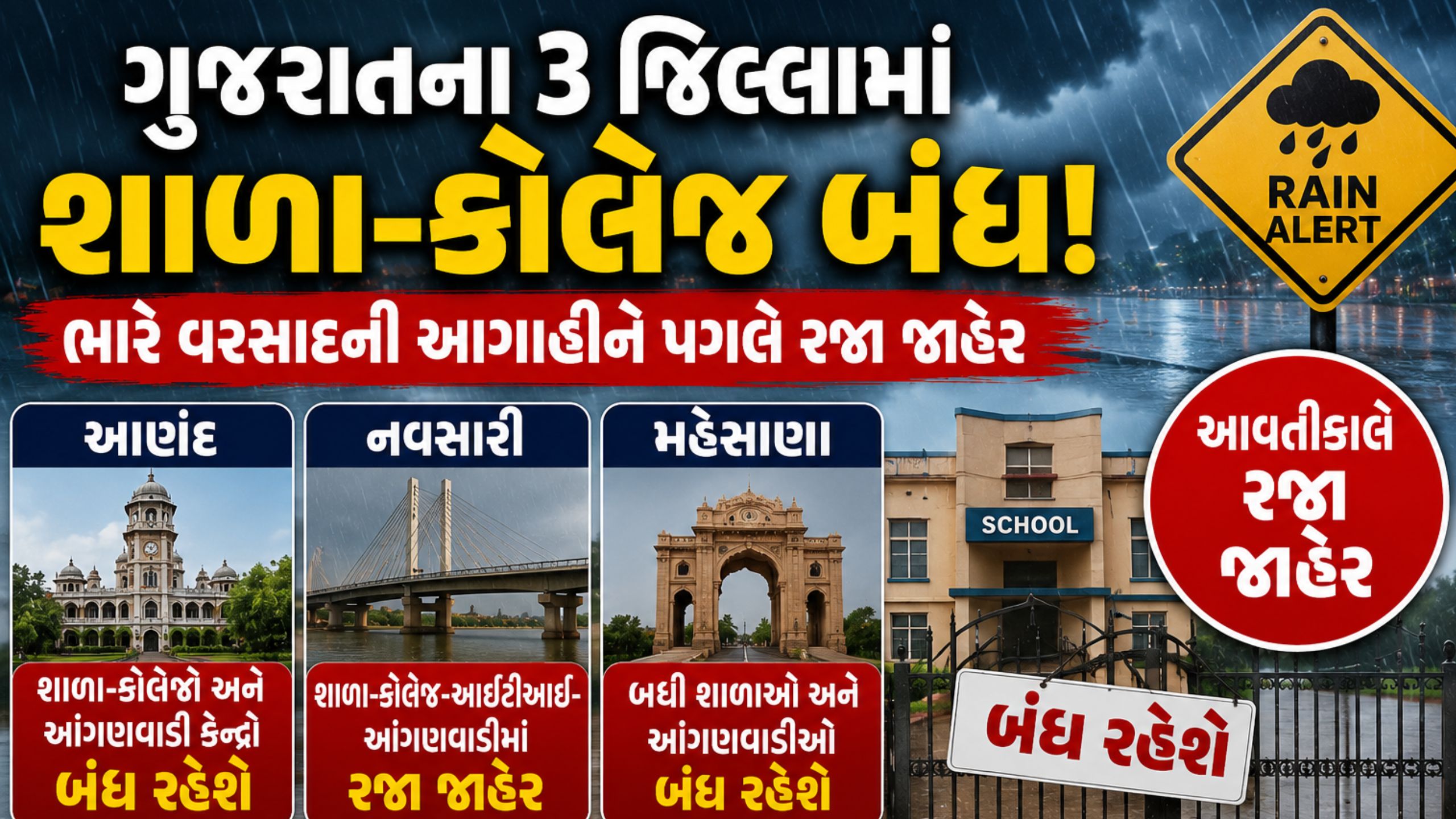 Gujarat Rain Holiday: વરસાદી એલર્ટ વચ્ચે ત્રણ જિલ્લામાં શૈક્ષણિક સંસ્થાઓ બંધ, વિદ્યાર્થીઓની સુરક્ષા પ્રથમ