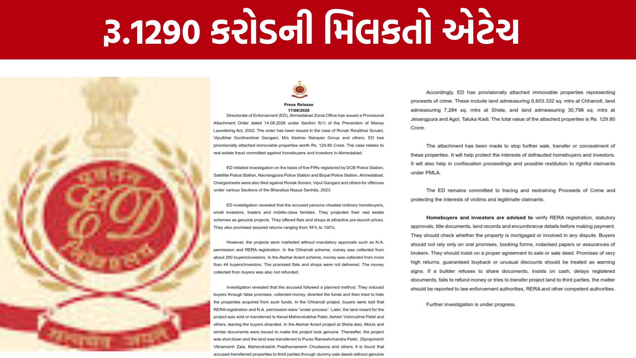 Ahmedabad Real Estate Fraud: કેશવ નારાયણ ગ્રુપ સામે EDની મોટી કાર્યવાહી