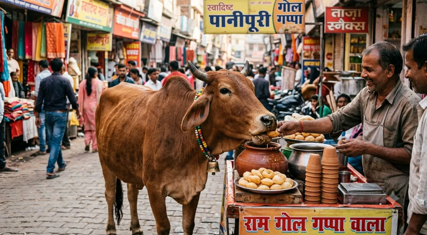 cow eating Panipuri