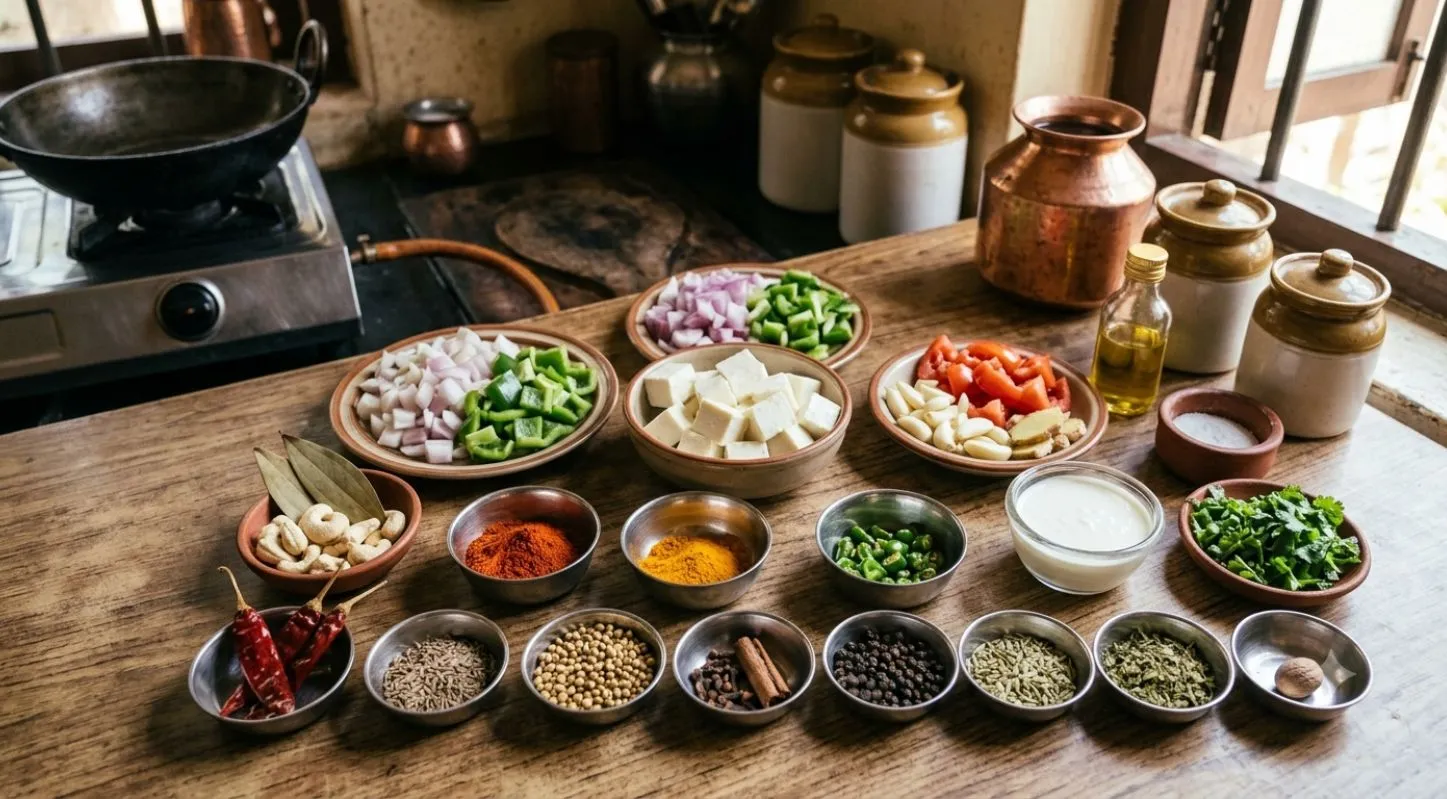 કડાઈ પનીરની સામગ્રી.