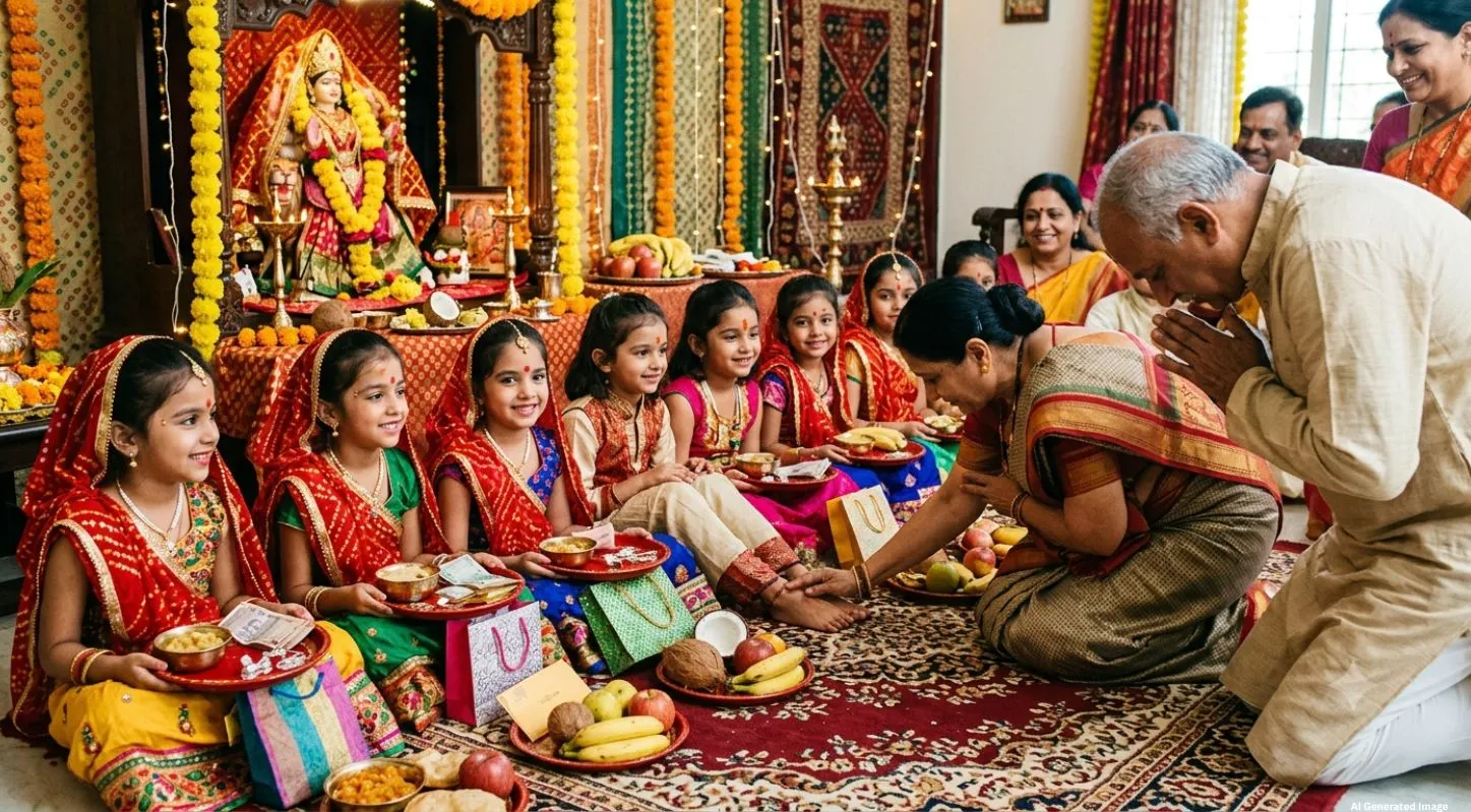 કન્યાઓના ચરણસ્પર્શ કરીને આશીર્વાદ લેવા અને દાન-દક્ષિણા આપવી.