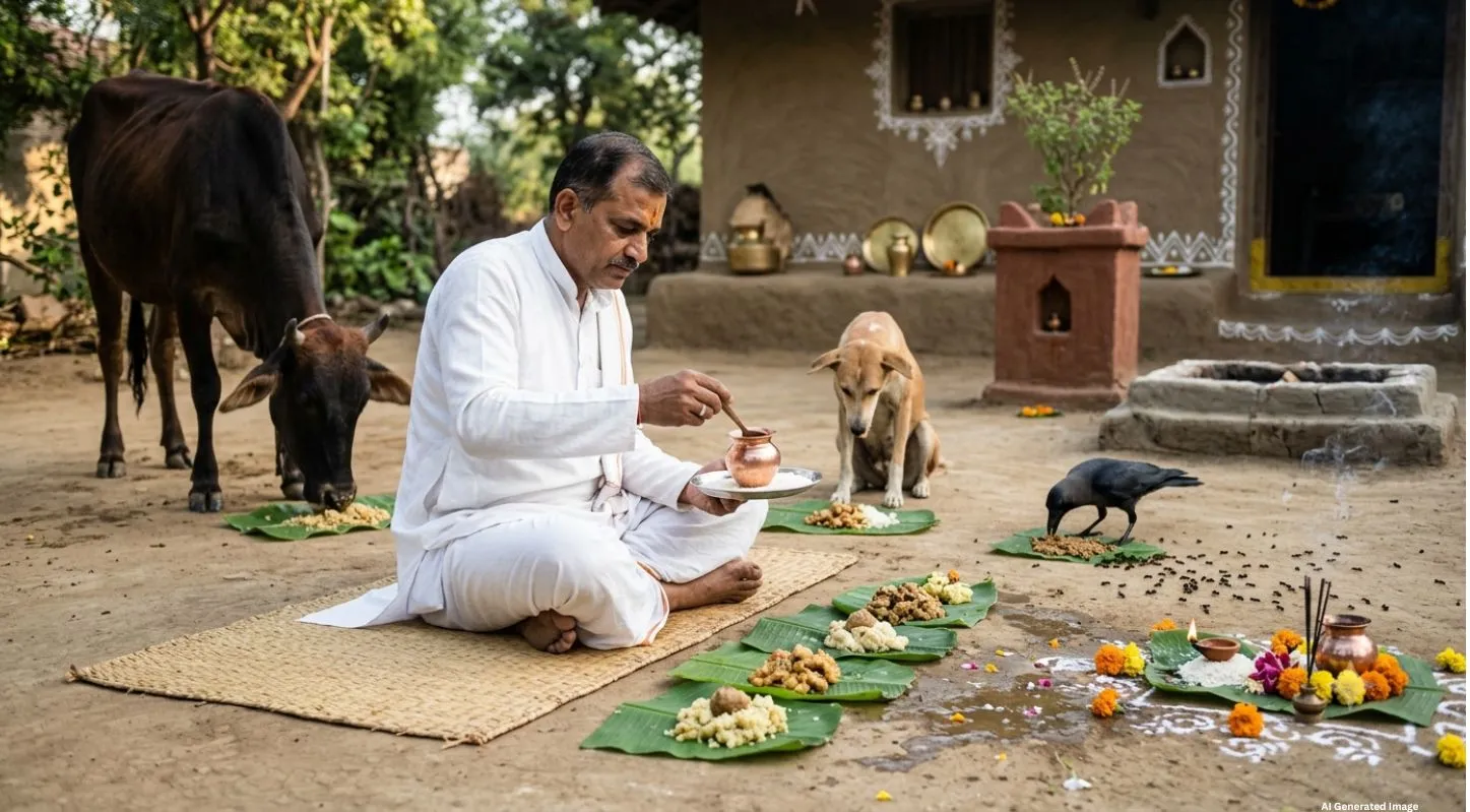 ગાય, કૂતરા, કાગડા, કીડી અને દેવ માટે પંચબલિ ભાગ કાઢવો