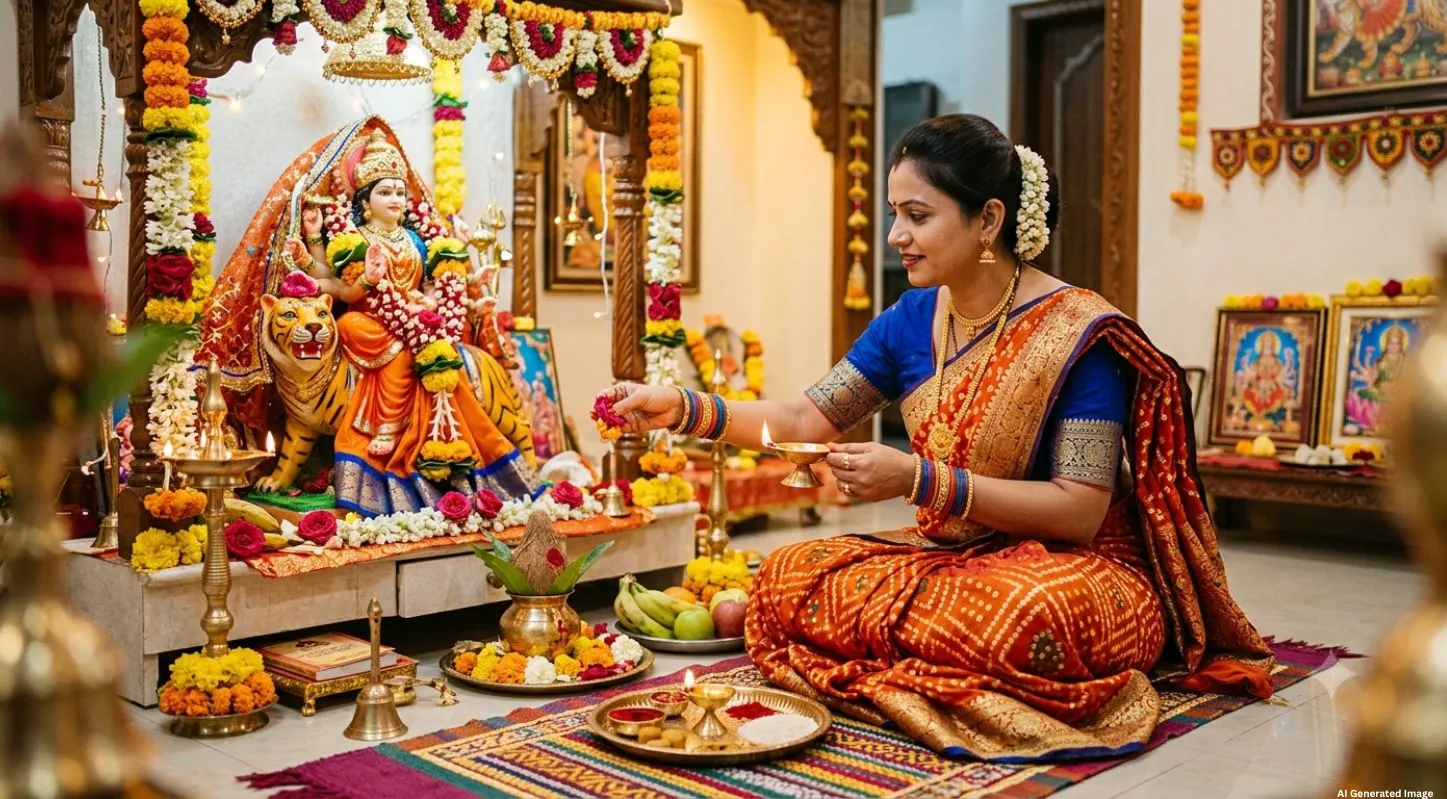 મા કૂષ્માંડાની નારંગી અથવા નીલા રંગના વસ્ત્રો પહેરીને પૂજા કરવી