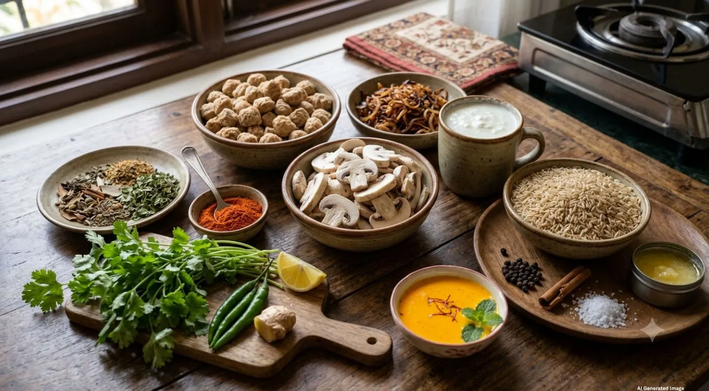 સોયા-મશરુમ બિરયાની માટેની સામગ્રી